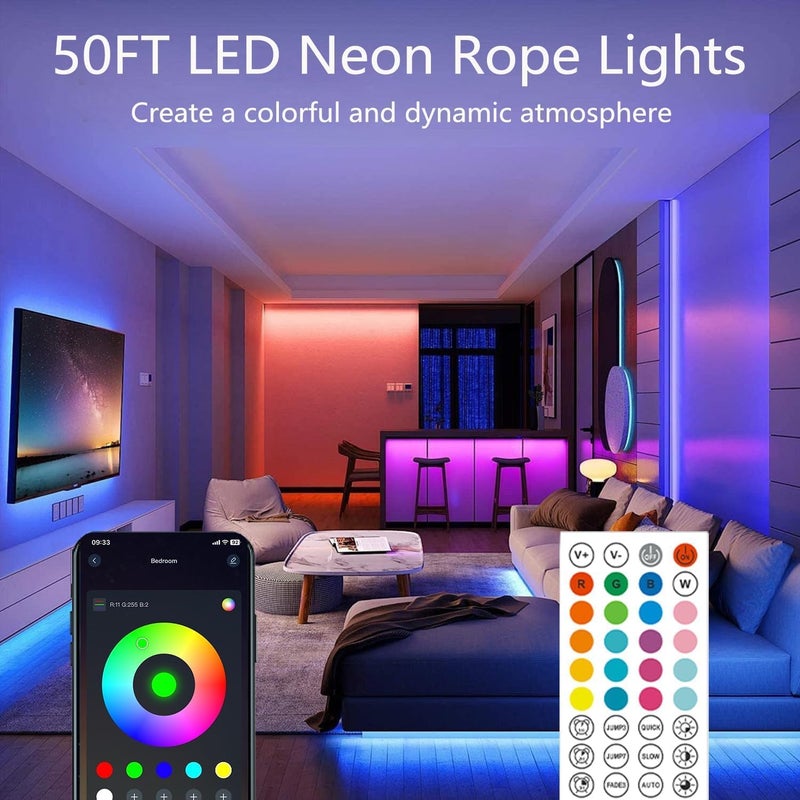 httpsmp Neon Rope Lights,Flexible Led Light Control with App/Remote,Multiple Modes,IP67 Outdoor Waterproof,Music Sync Strip for Bedroom (50FT Led Rope Lights) - Image 2
